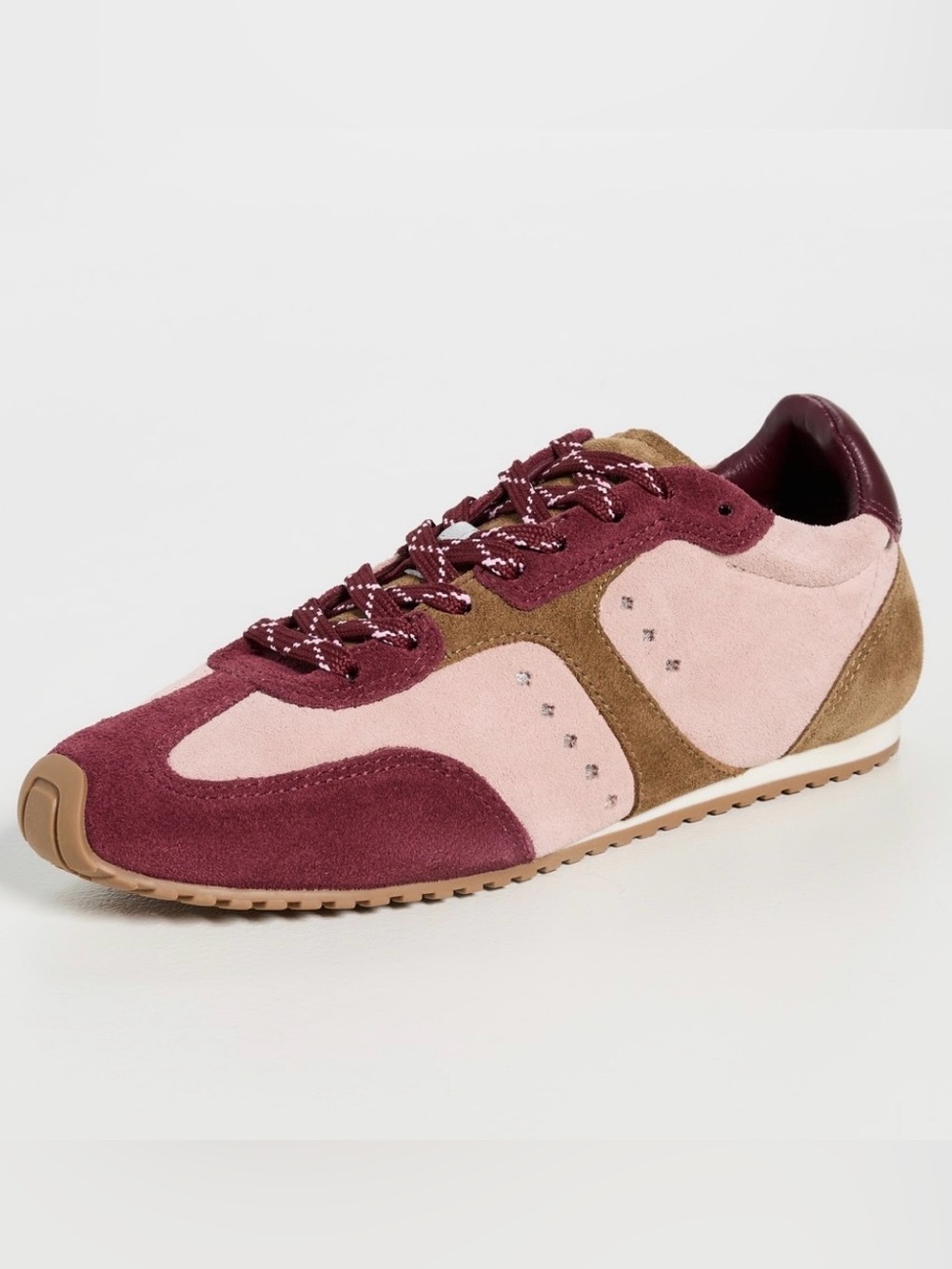 Larroude Stella Sneaker in Tulip, Russet, and Wine Suede